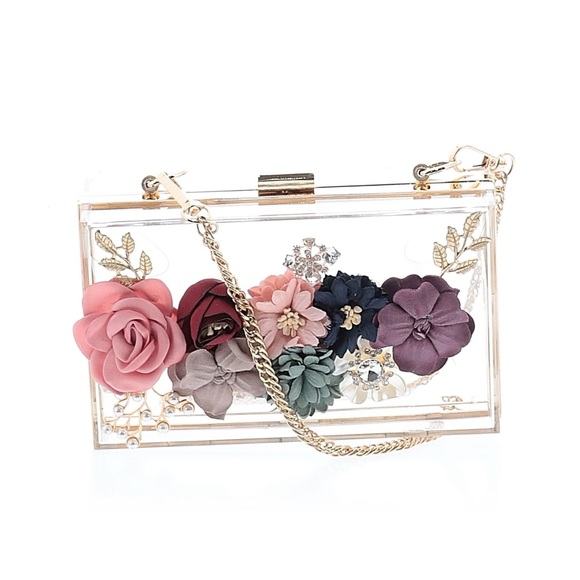 Handbags - Floral Embellished Clear Clutch W Gold Chain